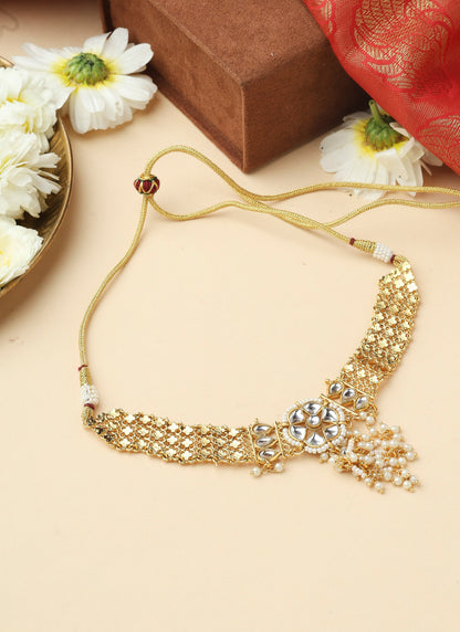 Gold Plated Choker Set with Kundan Pendant and Jhumka