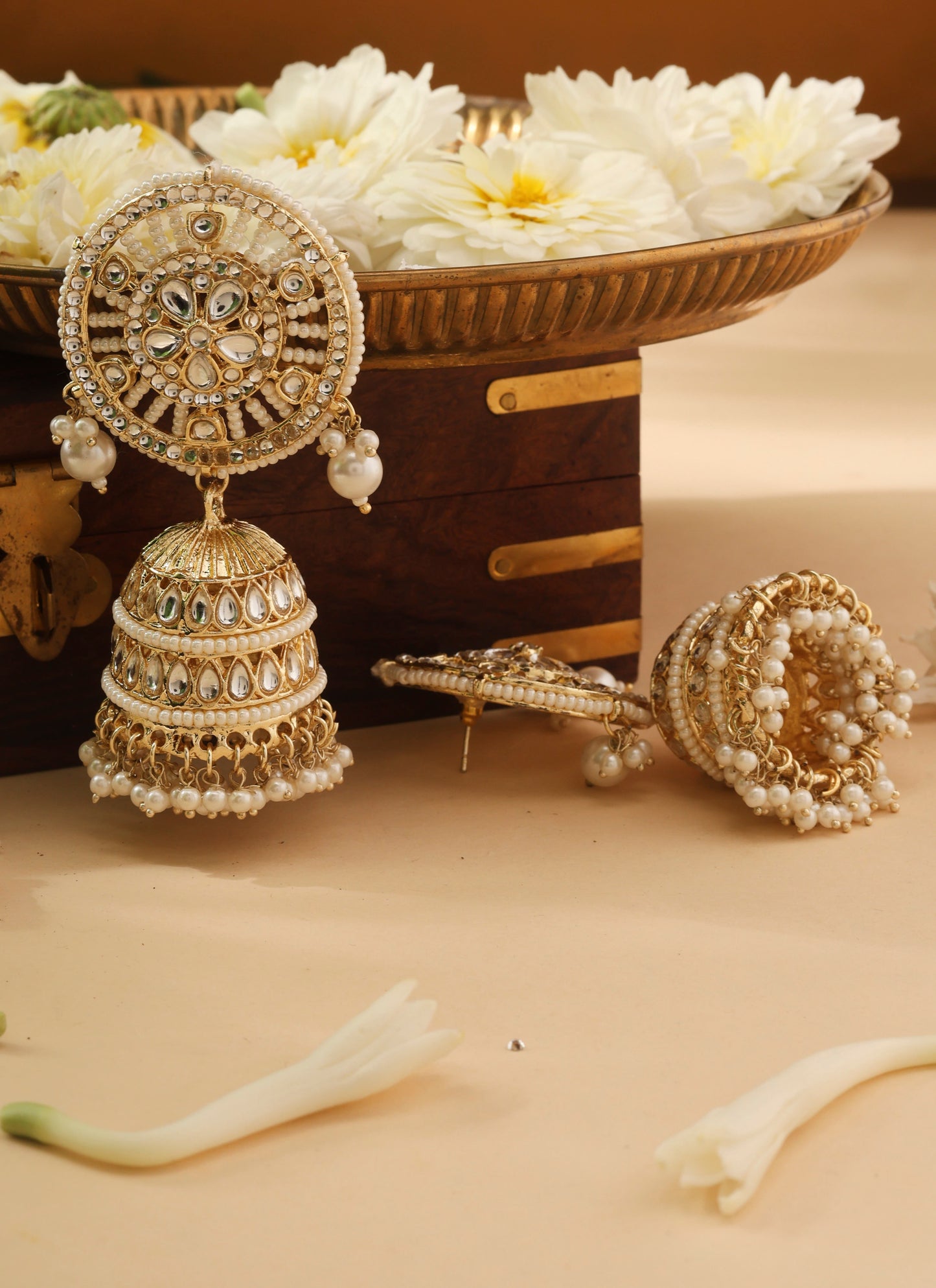 Kundan Jhumkas with White Beads and Gold Detailing