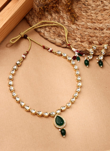 White Gold Kundan Necklace Set with White Stone