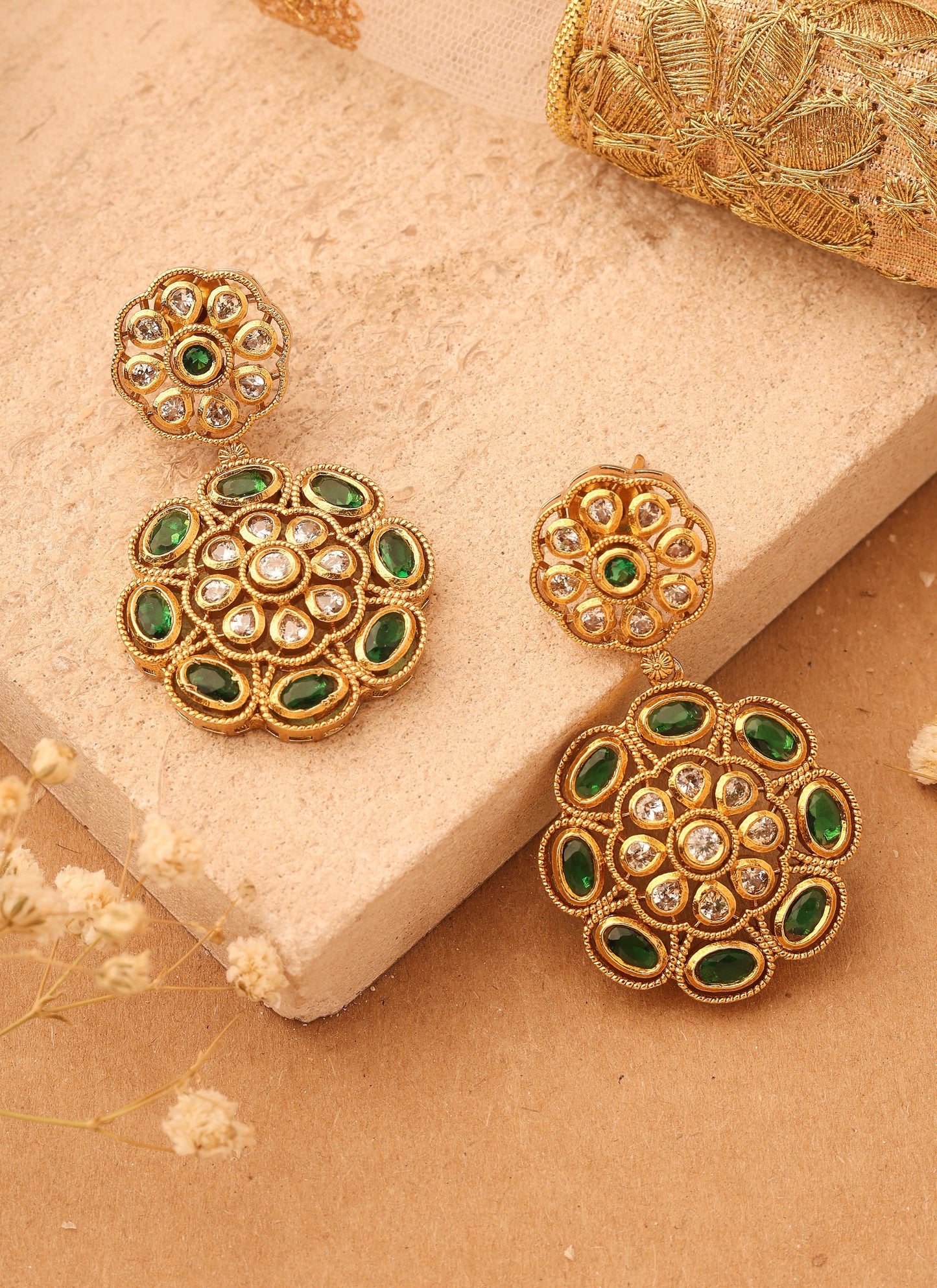 Gold Plated Earrings with Green Stone