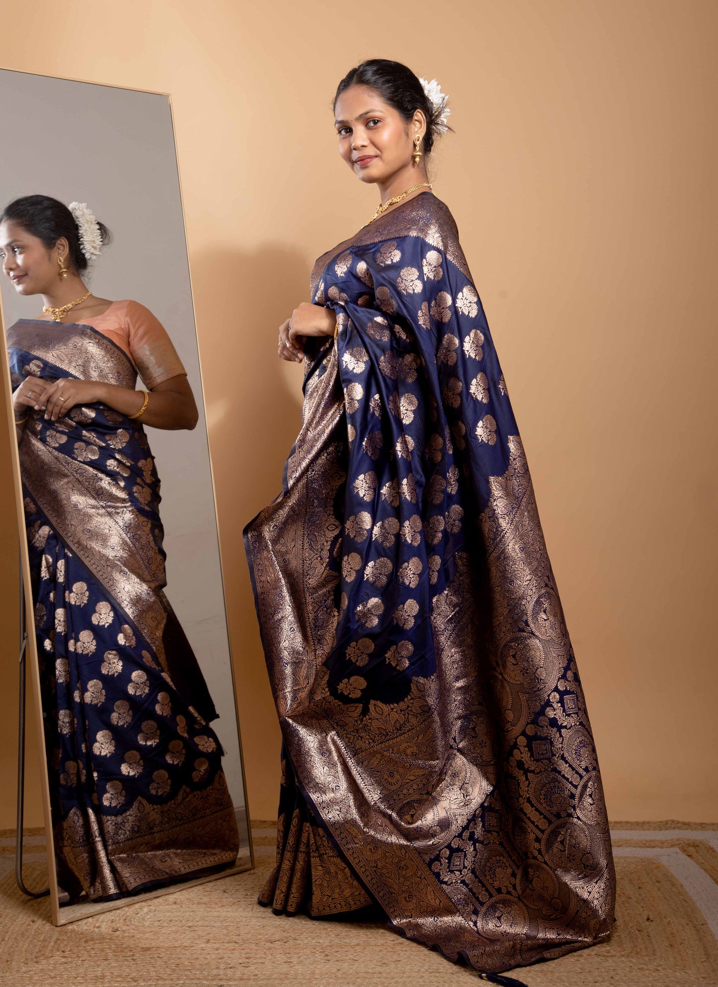 Navy Blue Zari Woven Saree with Floral Motifs and Grand Border