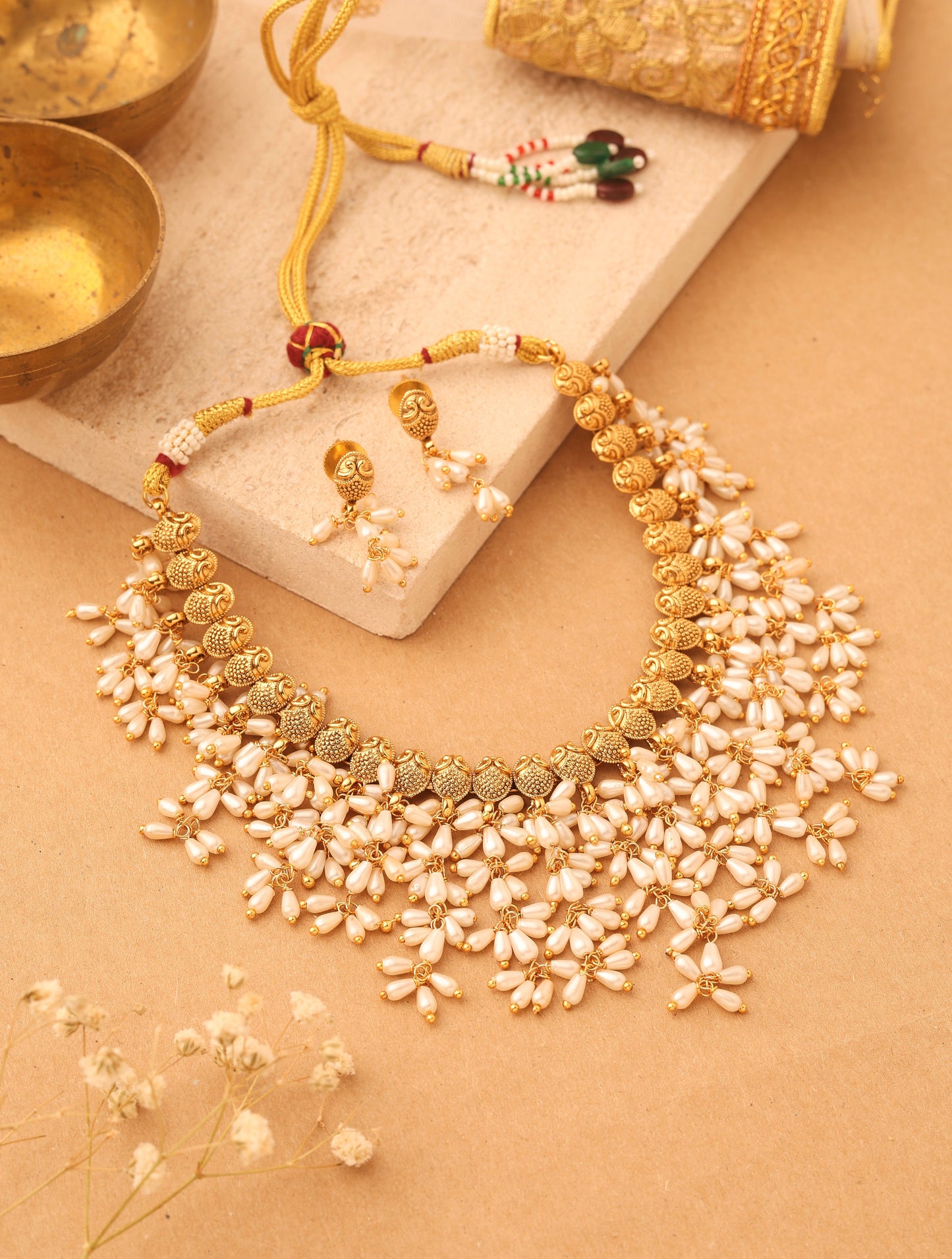 Gold Plated South Indian Style Necklace with Pearl Drops