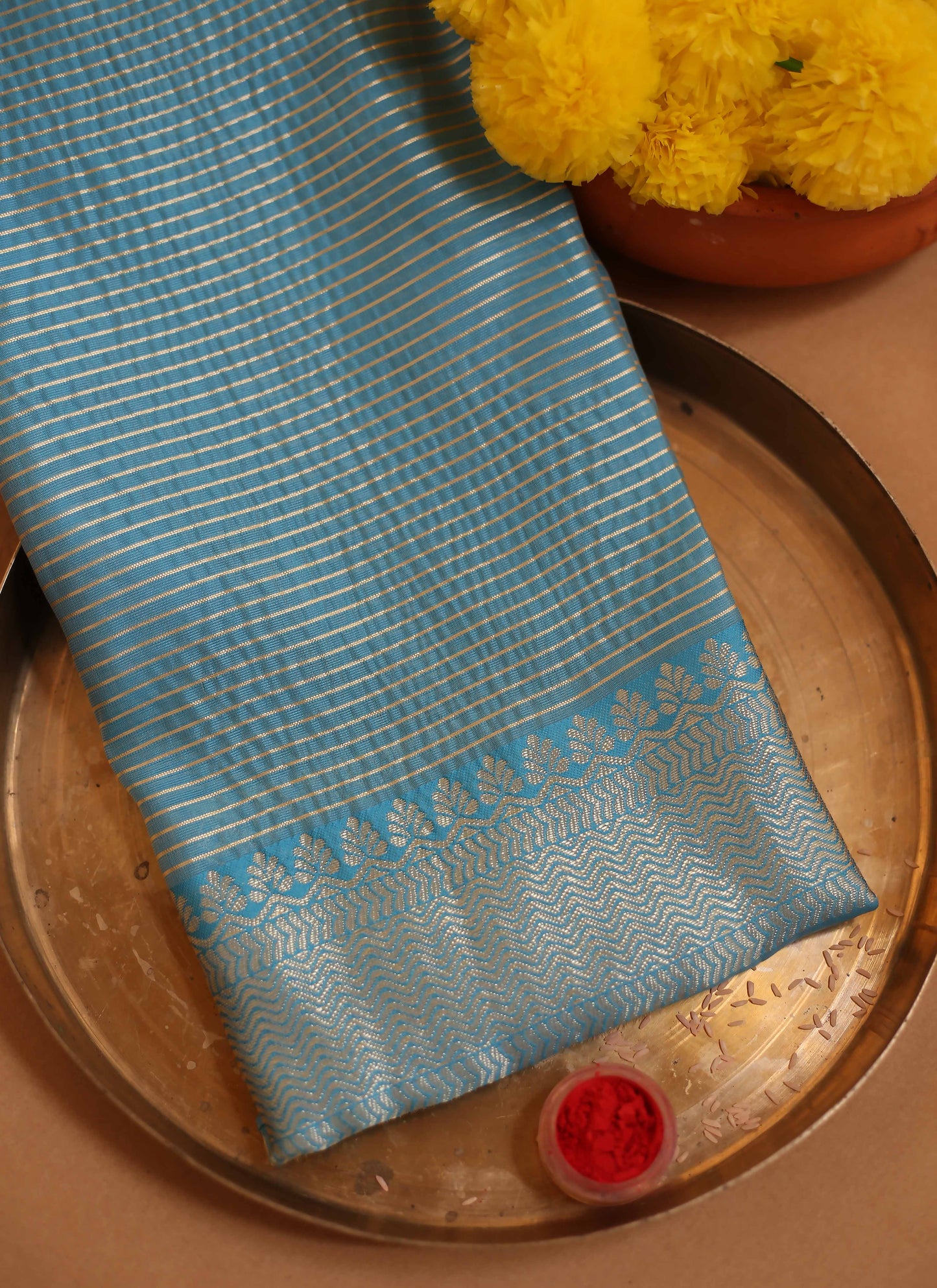 Ivory and Teal Zari Woven Saree with Intricate Motifs