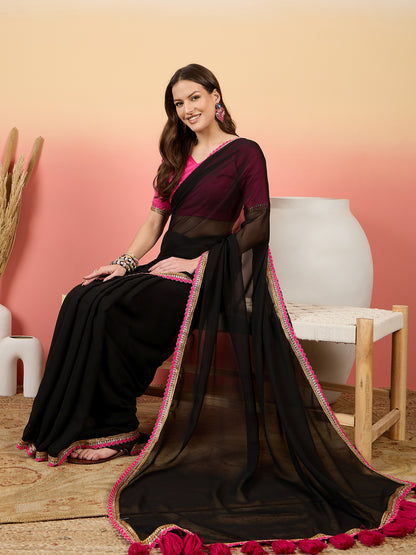 Classic Black Georgette Saree with Vibrant Pink Blouse