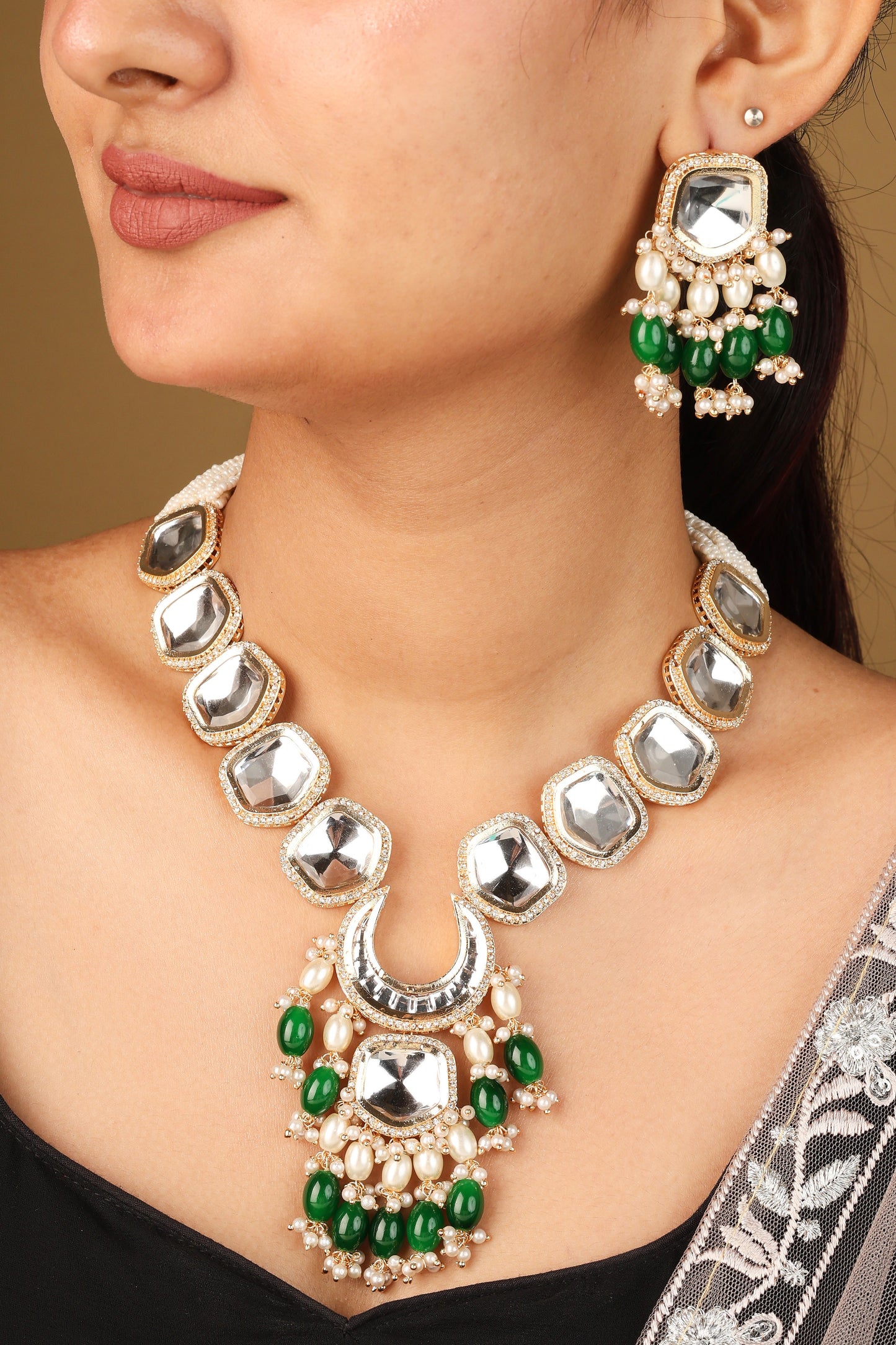 Necklace with Shapeless Transparent Kundan Stones and Dark Green Jhumkis