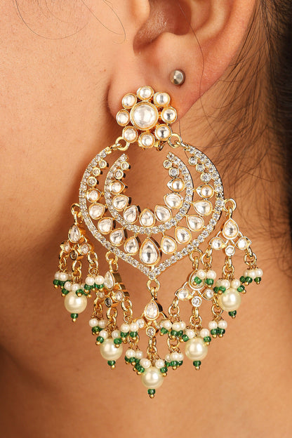 Kundan Chandbali Earrings with Pearl and Green Bead Danglers