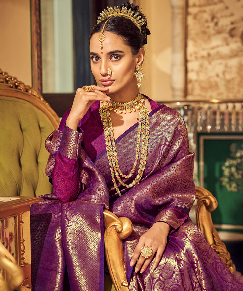 Royal Purple Banarasi Silk Saree with Gold Zari Paisley & Floral Motifs