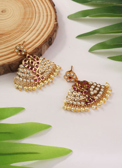 Gold Dangler Earrings with White and Red Stones