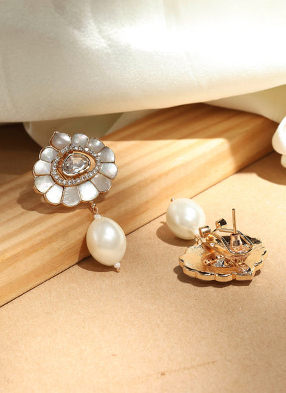 Statement Studs with Monalisa White Stone and Pearl Drops