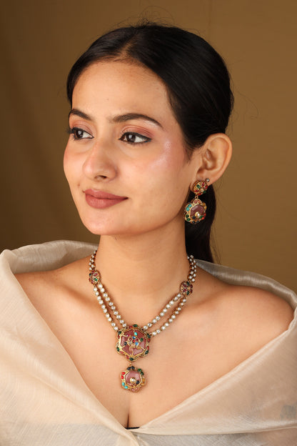 Colourful Flower Pendant Necklace with Transparent Stone Chain and Matching Earrings