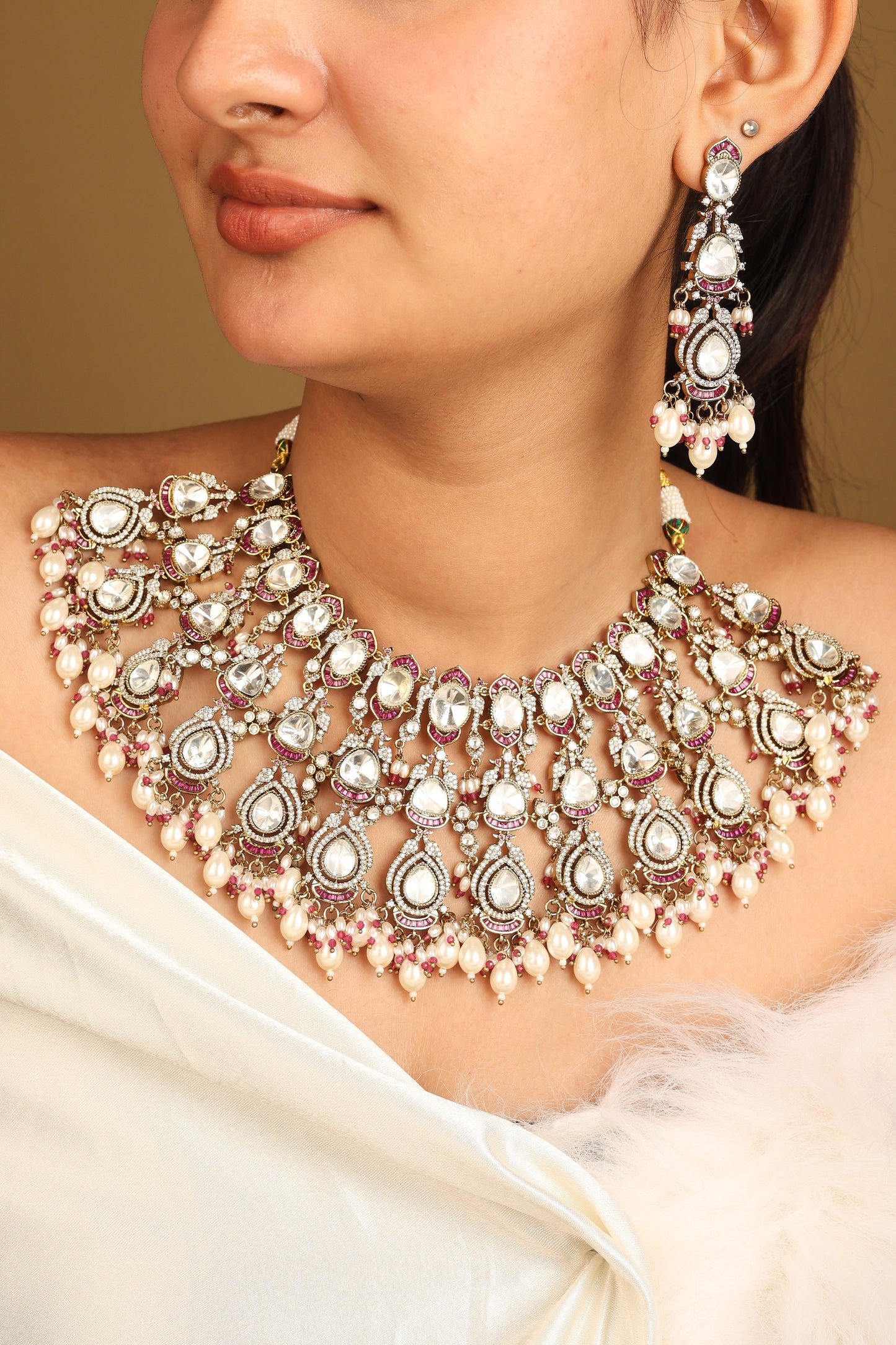 American Diamond High Neck Necklace with Pearls