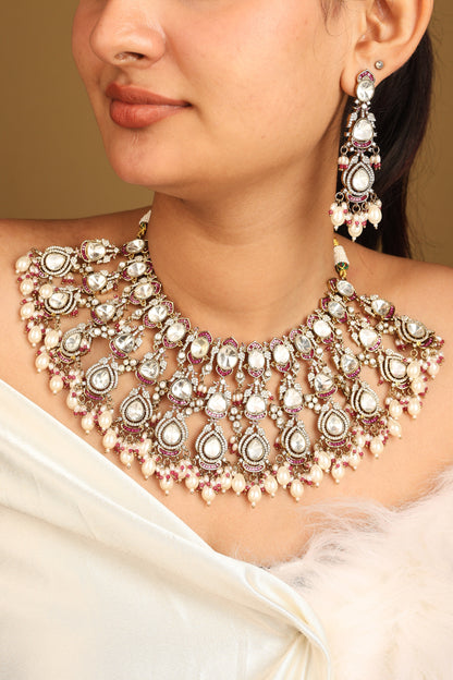 American Diamond High Neck Necklace with Pearls