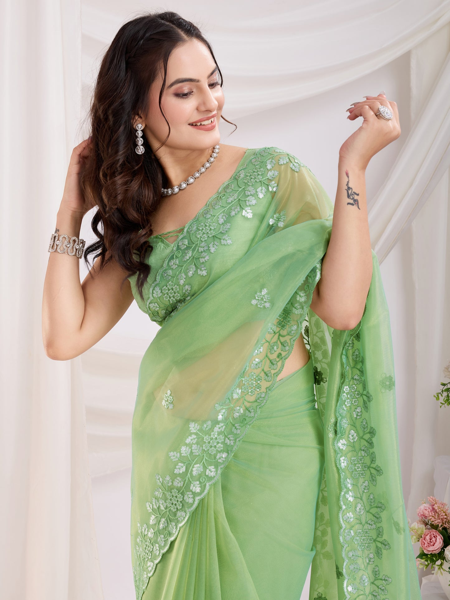 Pista Twill Net Embroidered Saree