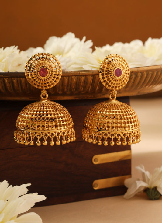 Circular Gold Dangler Earrings with Pink Stone Accent