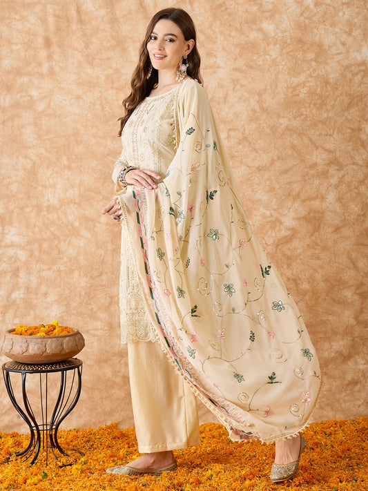 Semi Stitched Pakistani Suit in Beige Georgette