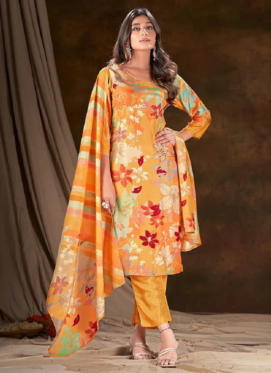 Yellow Cotton Printed Kurta with Pant & Dupatta