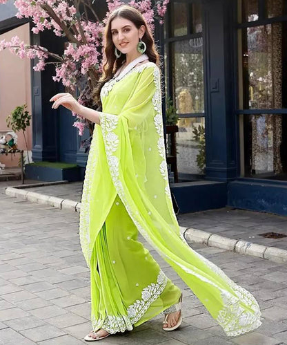 Lime Green Georgette Embroidered Saree