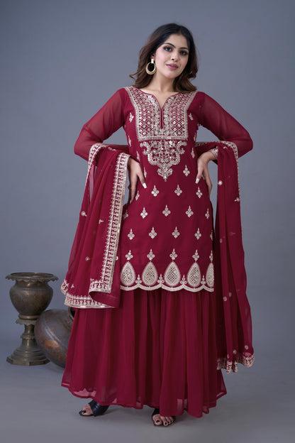 Maroon Embroidered Georgette Readymade Suit