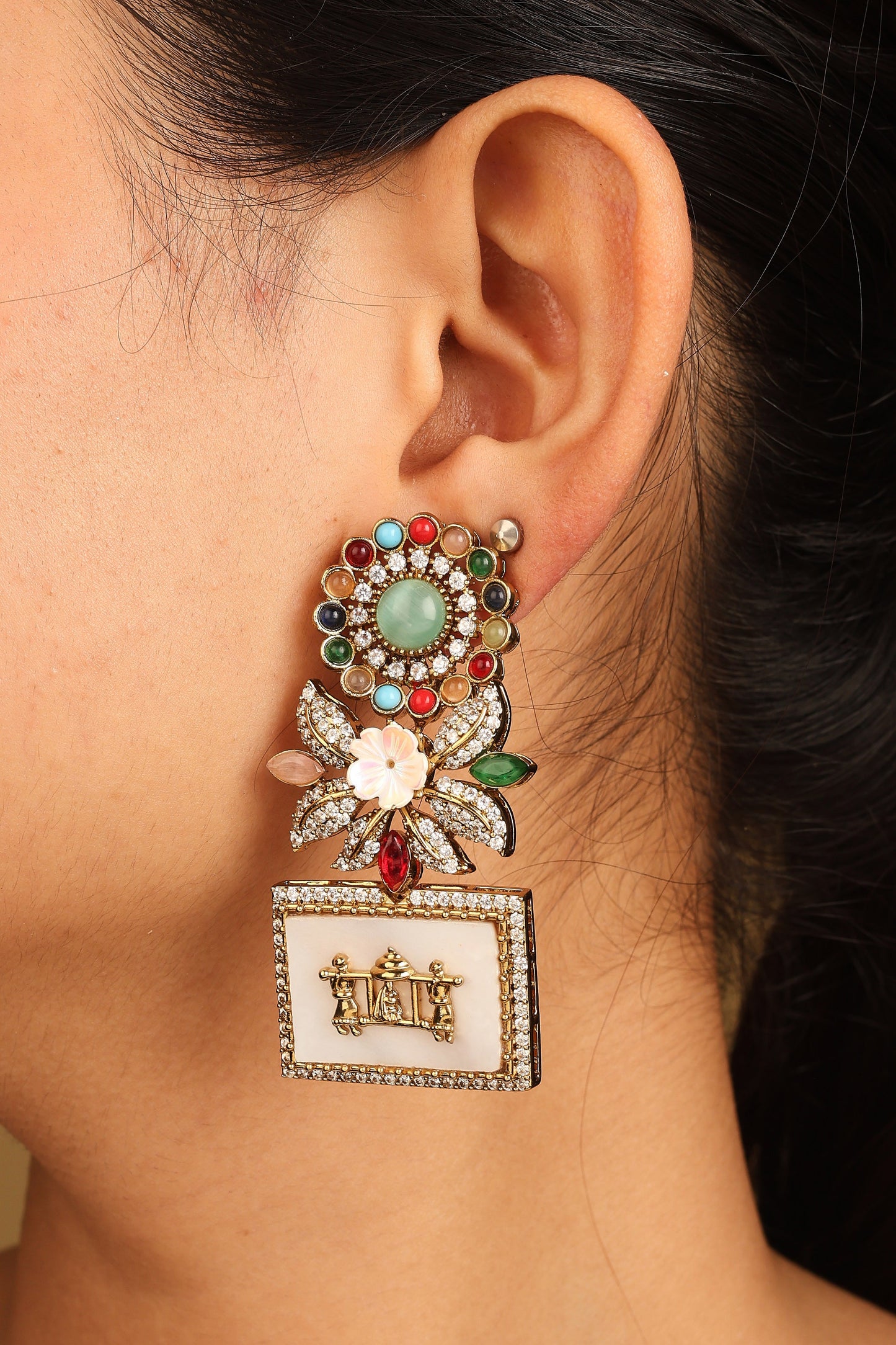 Rectangular Designer Earrings with White and Multicolour Stones