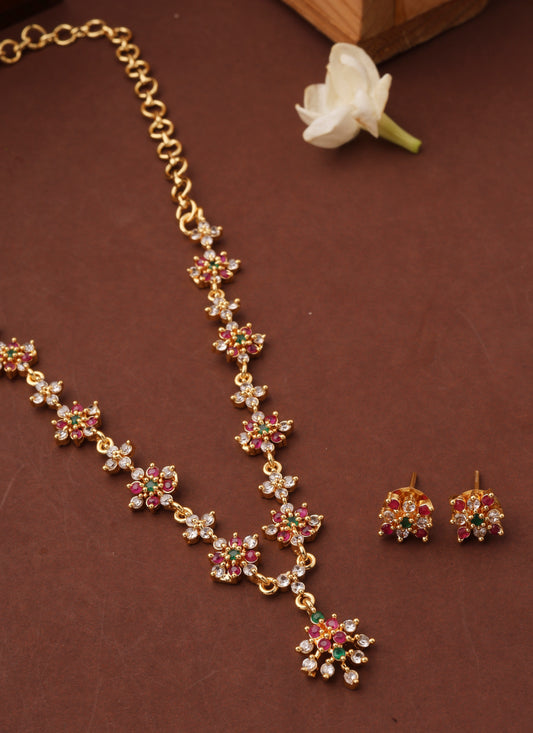 Gold Plated Minimalistic Flower Shaped Necklace Set with American Stones