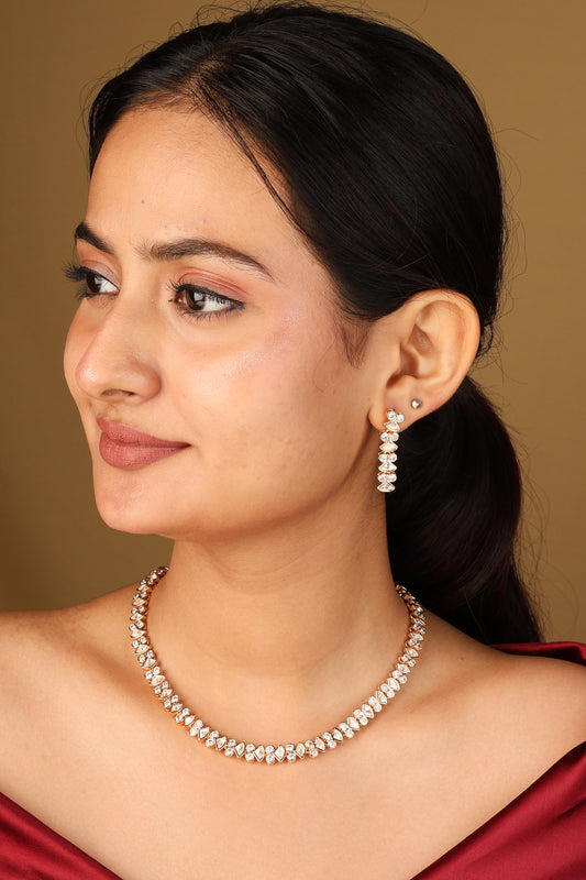 Gold Plated Necklace with Tiny Square Shaped Diamonds and Matching Earrings