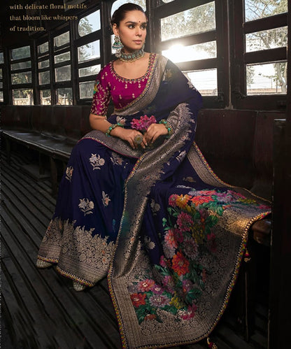 Elegant Navy Blue Woven Banarasi Silk Saree with Intricate Floral Zari Work