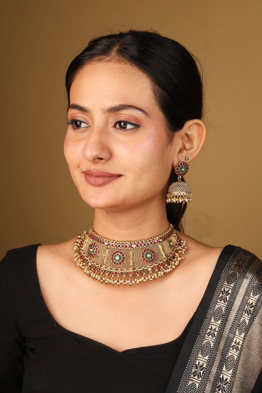 Ancient Style Curved Gold Plated Necklace with Intricate Carvings and Beaded Earrings