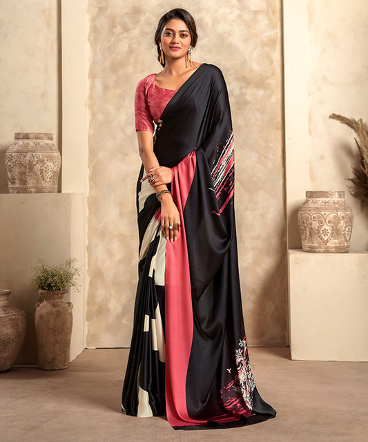 Black and Pink Abstract Print Satin Saree