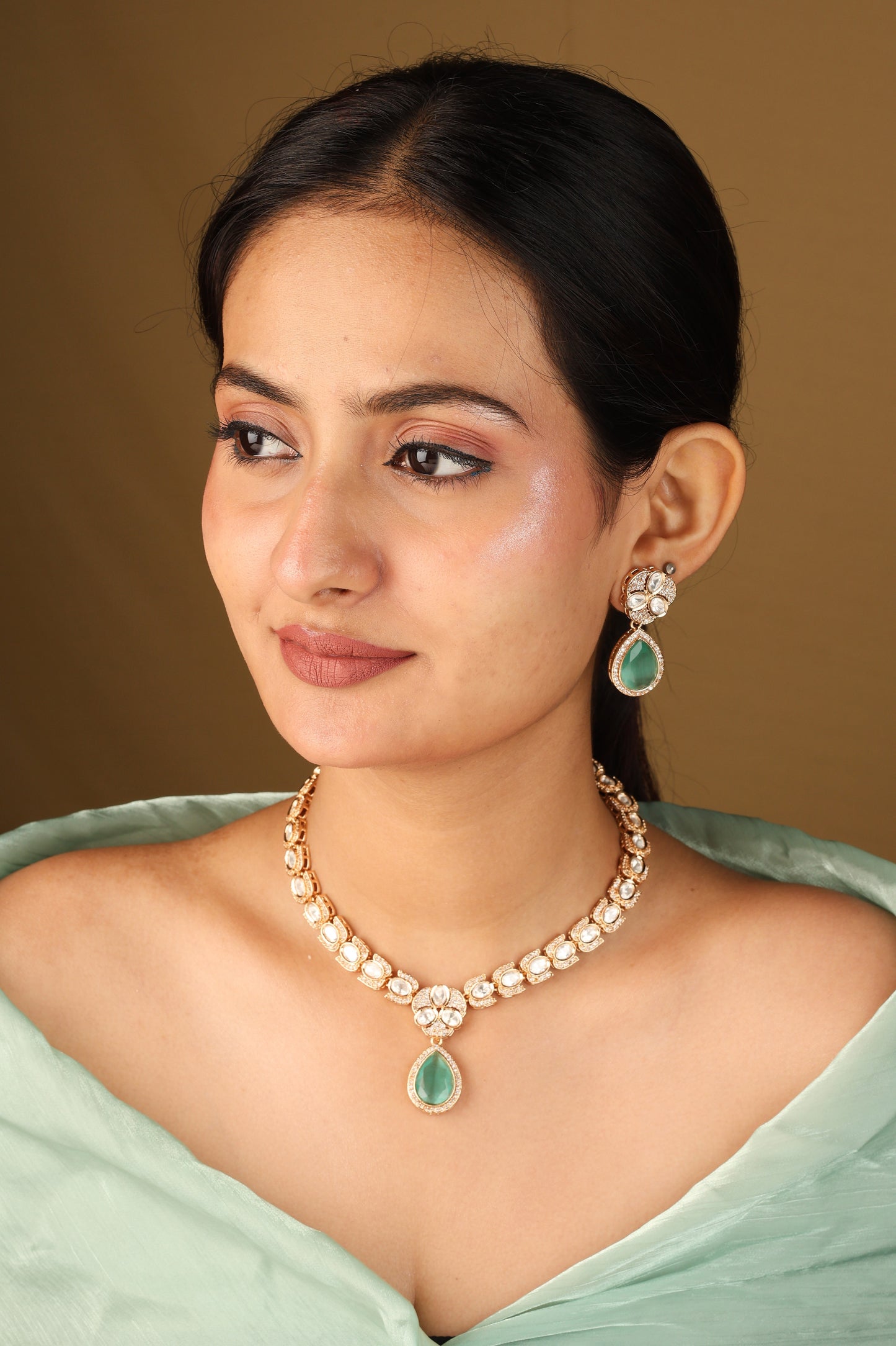 Kundan Necklace with Mint Green Stone Pendant