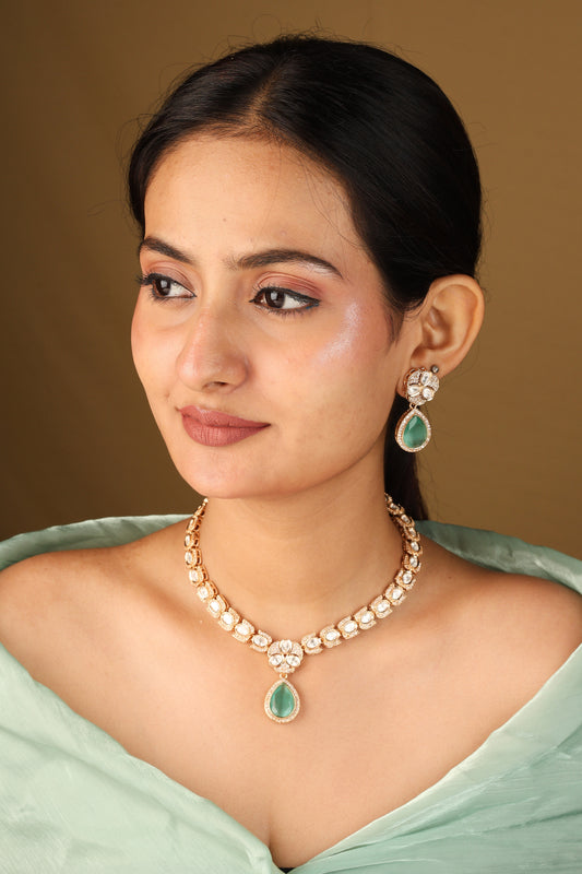 Kundan Necklace with Mint Green Stone Pendant