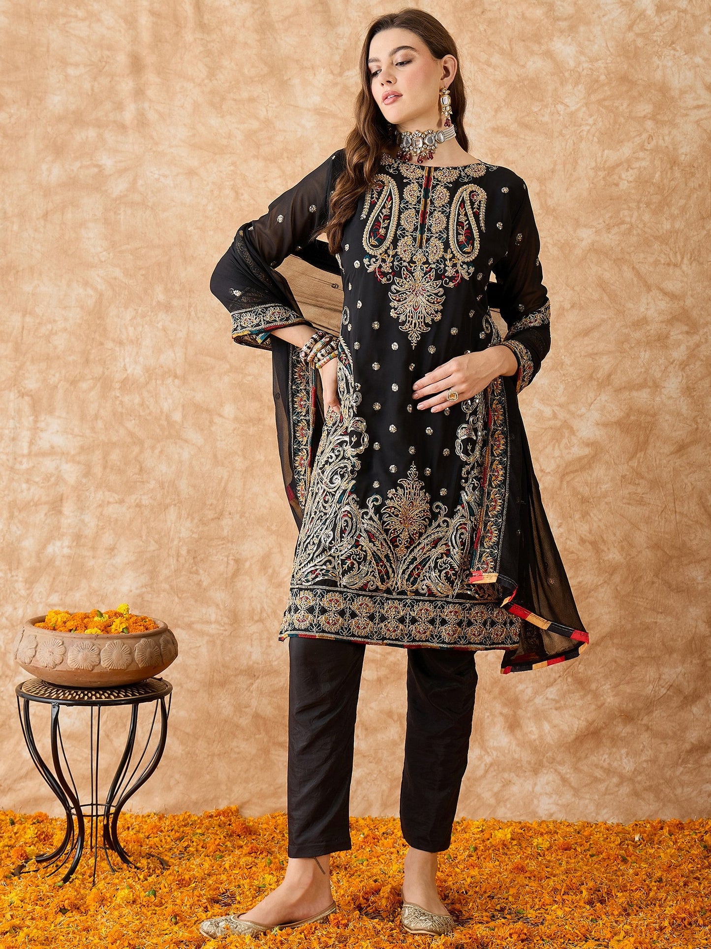 Semi Stitched Pakistani Suit in Black Georgette