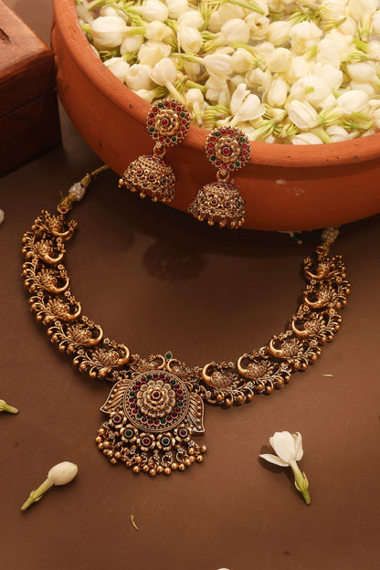 Gold Plated Temple Necklace Set with Peacock Motif