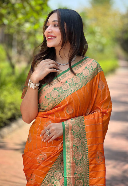 Orange Soft Silk Contrast Zari Woven Saree with Classic Weaving