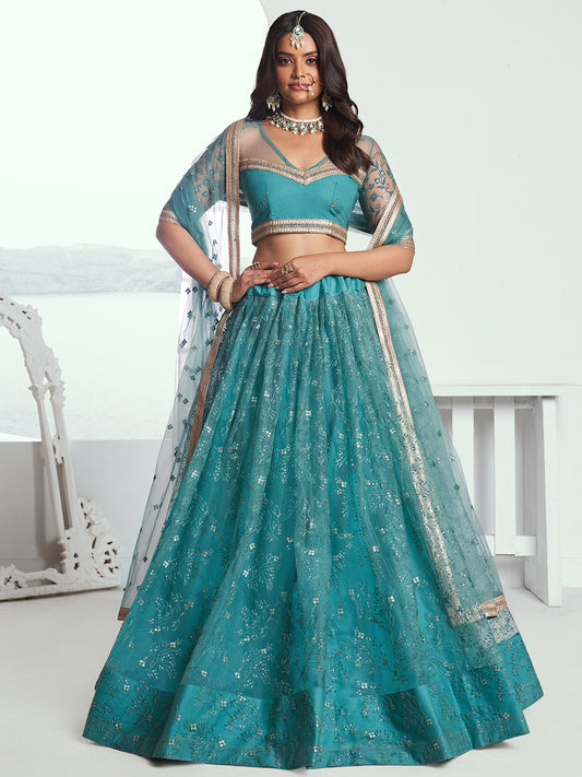 Stunning Rama Green Net Lehenga Choli with Embroidery