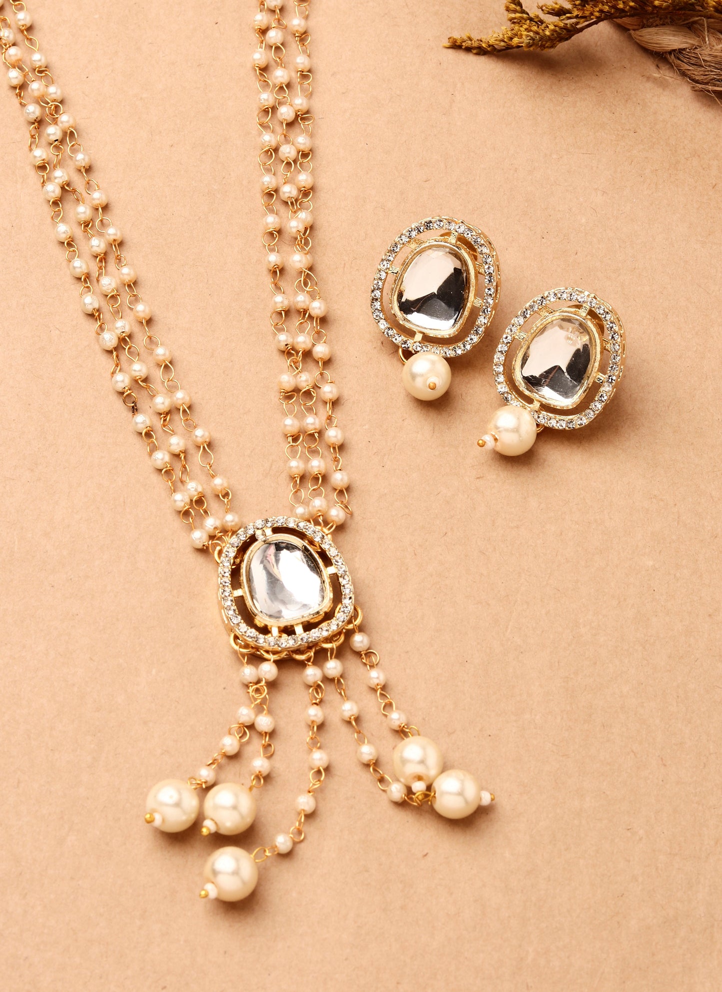 Layered Pearl Beaded Necklace with Kundan Pendant