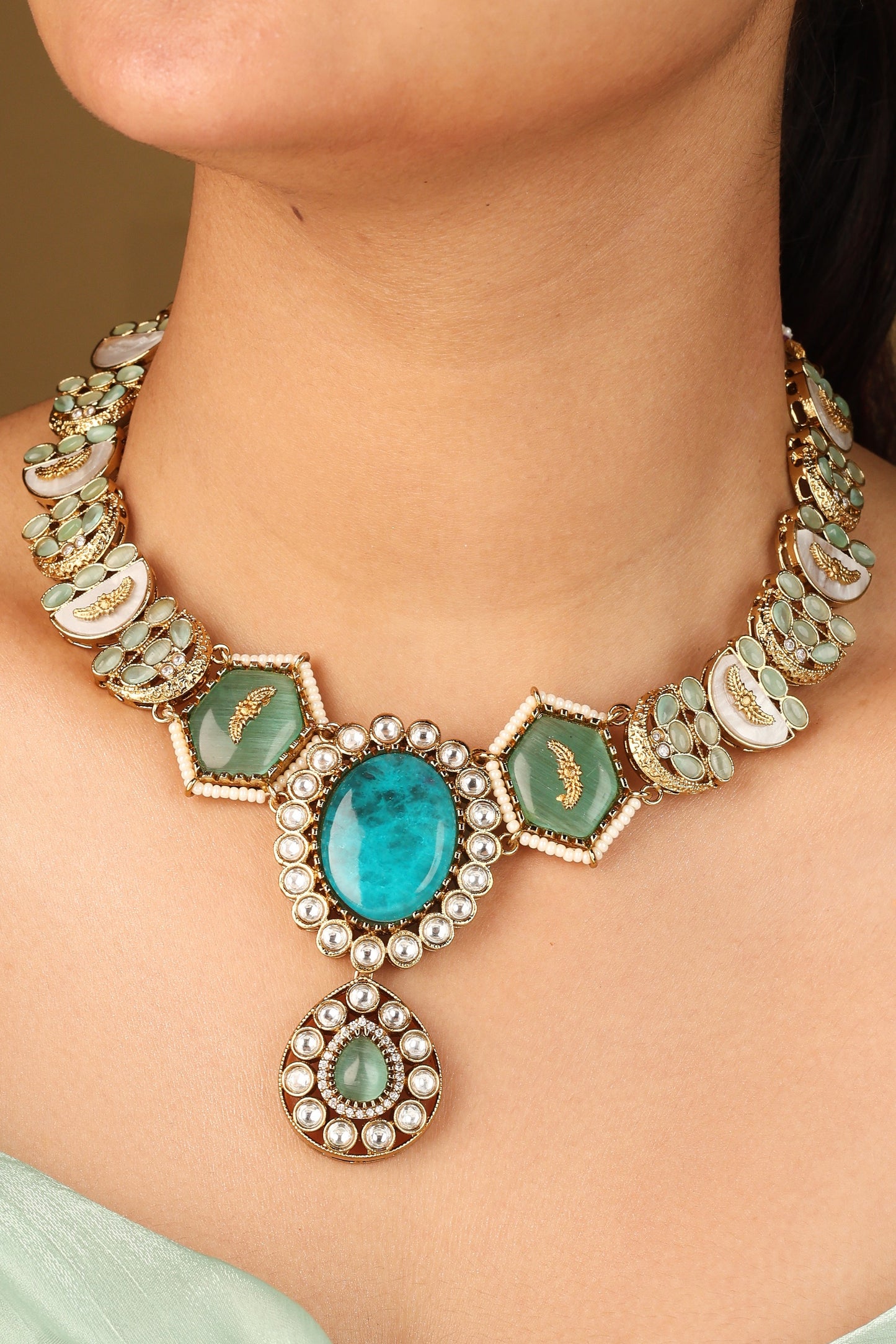 Statement Necklace with Turquoise Stones and Kundan Work