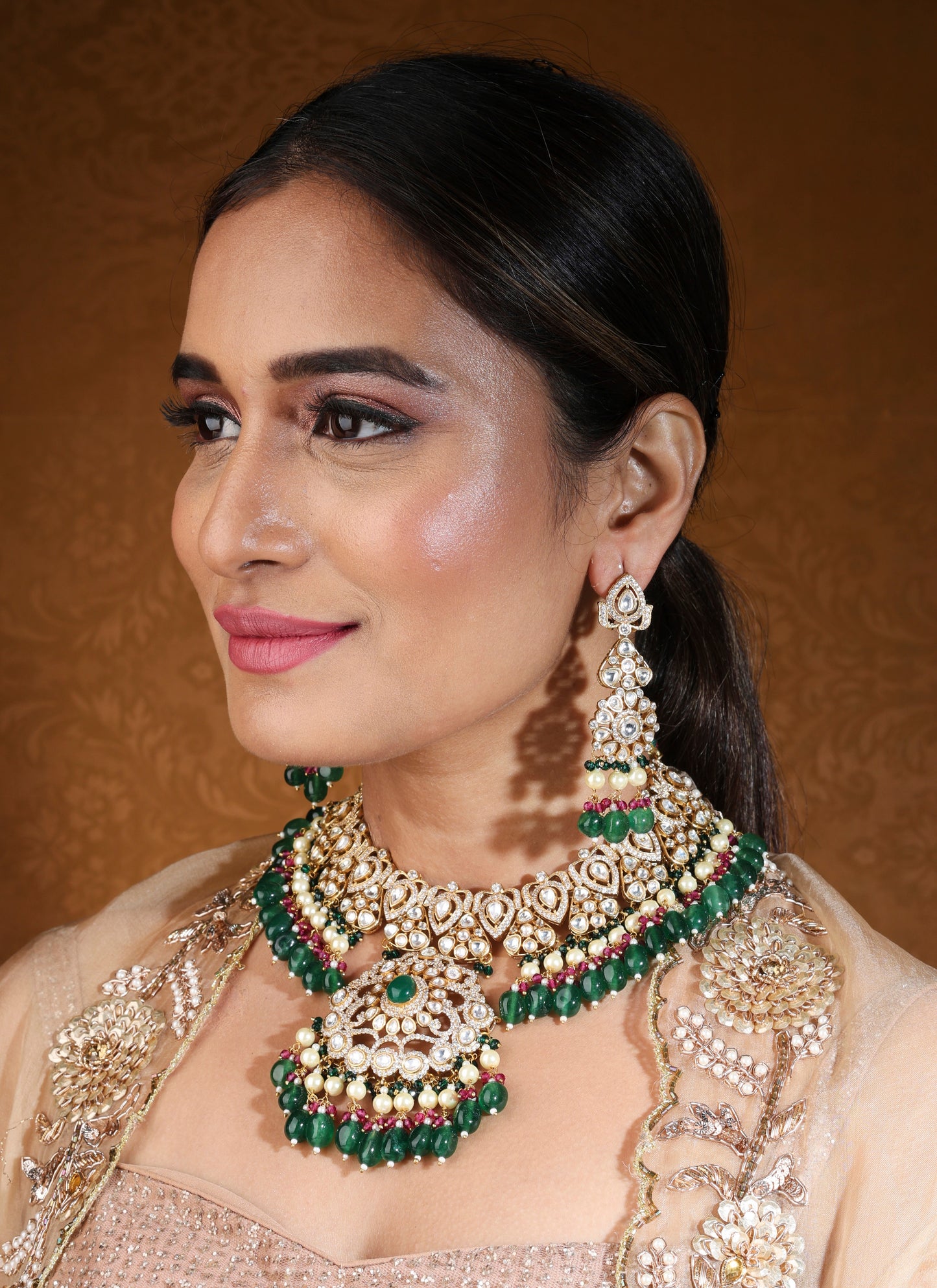 Bridal Choker with Kundan and American Stones Featuring Green Drops