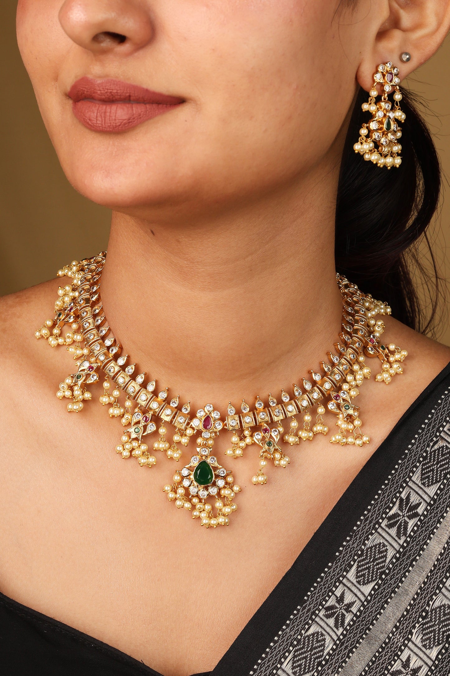 Traditional Guttapusalu Necklace with Jhumkis Tiny White Pearls and Stones