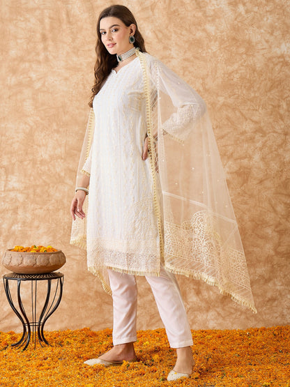 Semi Stitched Pakistani Suit in White Georgette