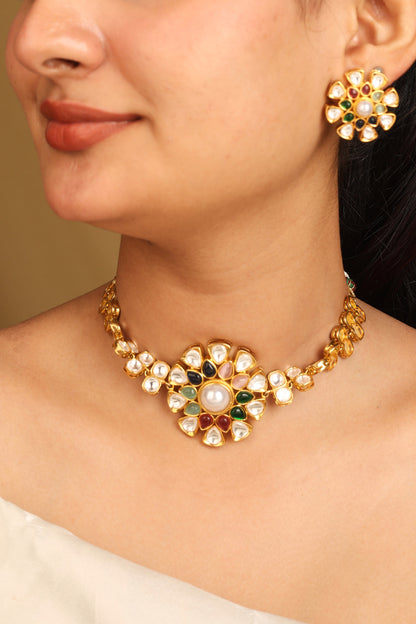 Kundan Choker Set with Multicolour Stones and Matching Earrings