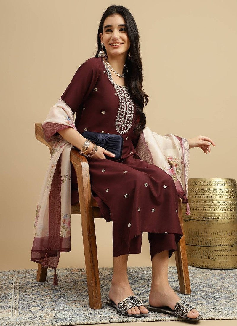 Brown Rayon Digital Print Kurta with Pant & Dupatta