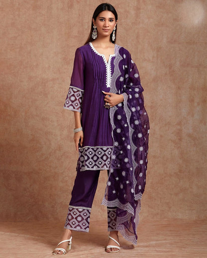 Silk Blend Fabric Embroidered Work Straight Cut Kurta, Pant, and Dupatta Set