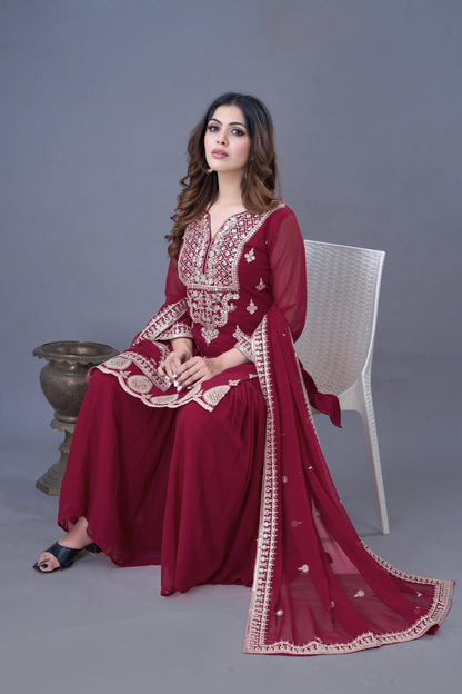 Maroon Embroidered Georgette Readymade Suit