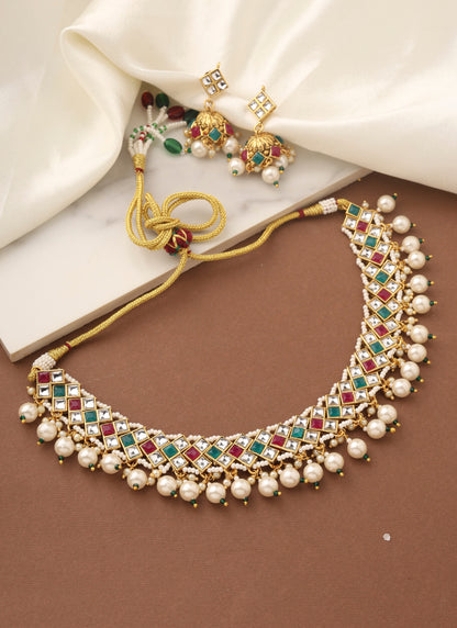 Multicolour Gold Choker Set with Pearls