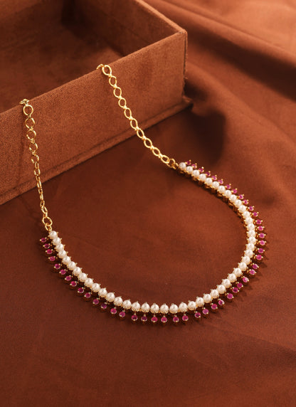 Gold Necklace Set with Pearls Red Beads and Earrings