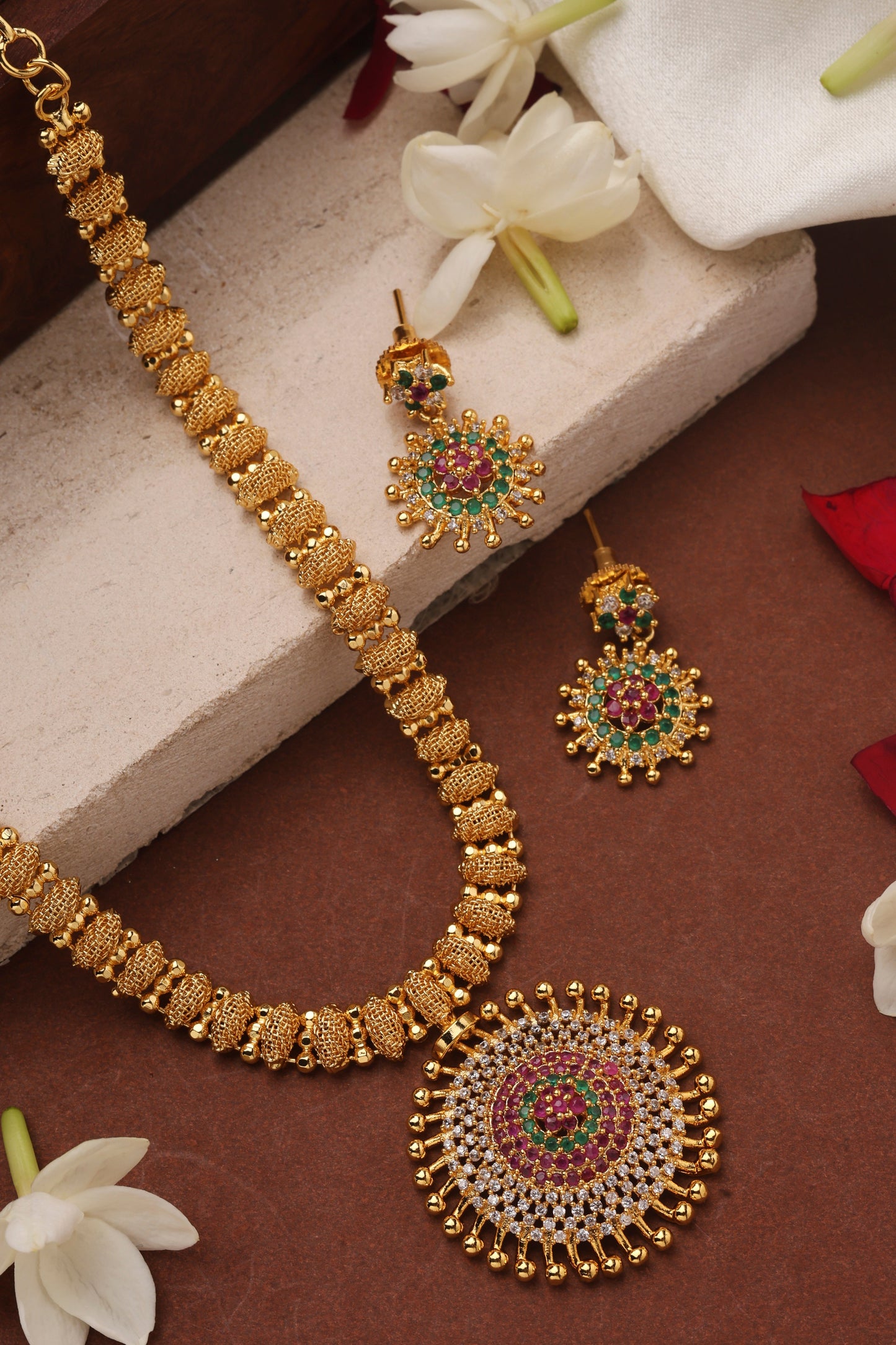 Gold Plated Necklace with Round American Diamond Stone Studded Pendant