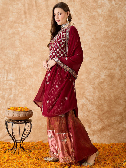 Semi Stitched Pakistani Suit in Maroon Faux Georgette