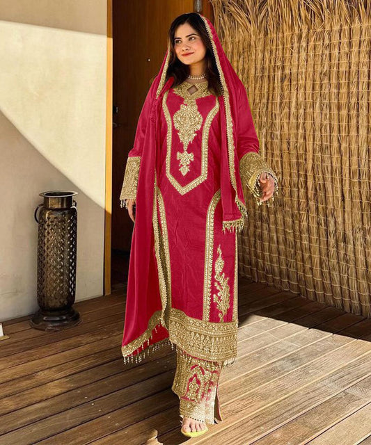 Red Embroidered Silk Blend Readymade Suit