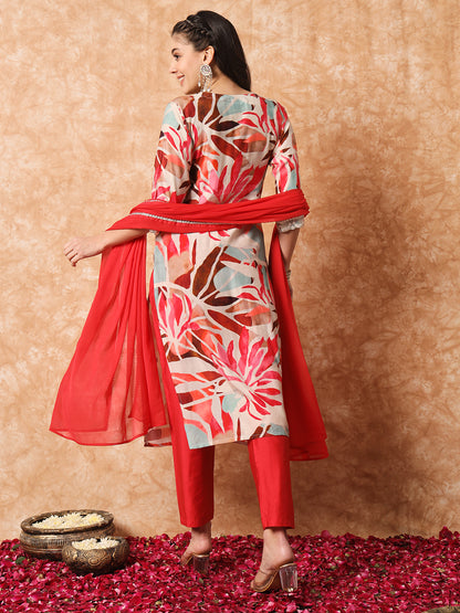 Rayon Fabric Printed Work Kurta, Pant, and Dupatta Set