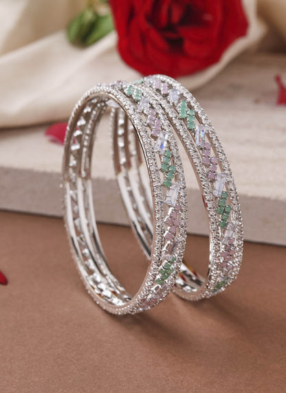 Silver-Plated Bangles with Pink and Mint Green American Diamonds